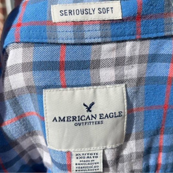 Men’s American Eagle Blue Red Plaid Button Down Long Sleeve Shirt Size XL Tall - Picture 3 of 4
